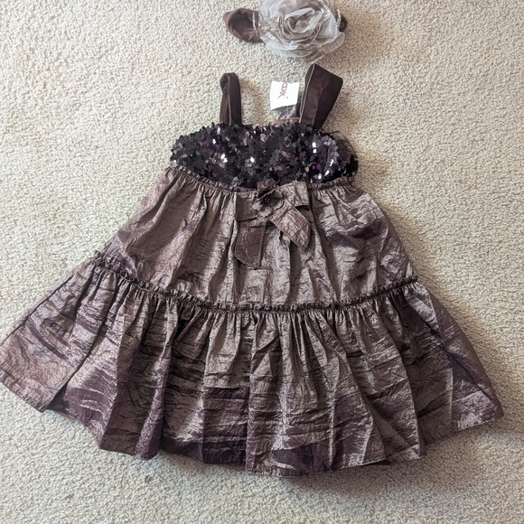 New with Tags Davis Charles Brown Sequin Puffy Formal Tiered Dress with Bow Sz2T - Picture 1 of 8
